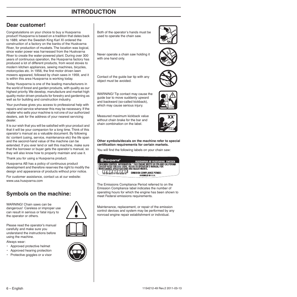 Dear customer, Symbols on the machine, Intr oduction | Husqvarna TRIOBRAKE 235E User Manual | Page 6 / 68