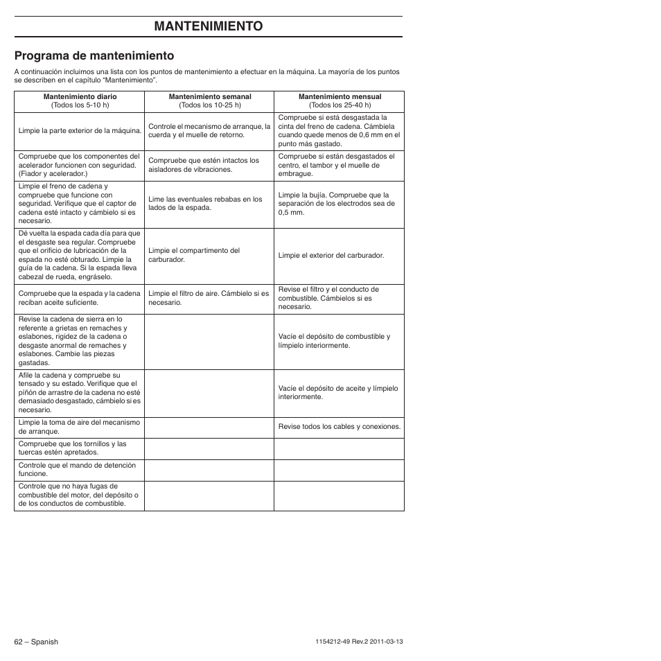 Programa de mantenimiento, Mantenimiento | Husqvarna TRIOBRAKE 235E User Manual | Page 62 / 68