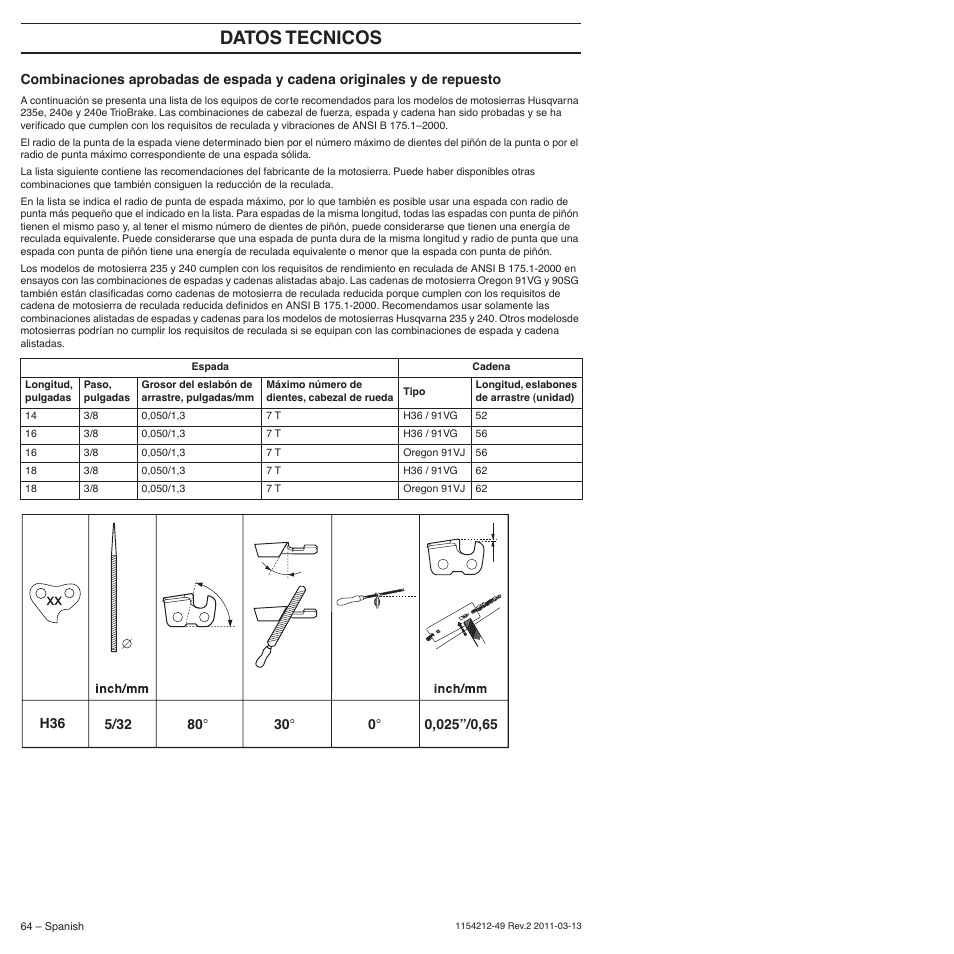 Datos tecnicos | Husqvarna TRIOBRAKE 235E User Manual | Page 64 / 68