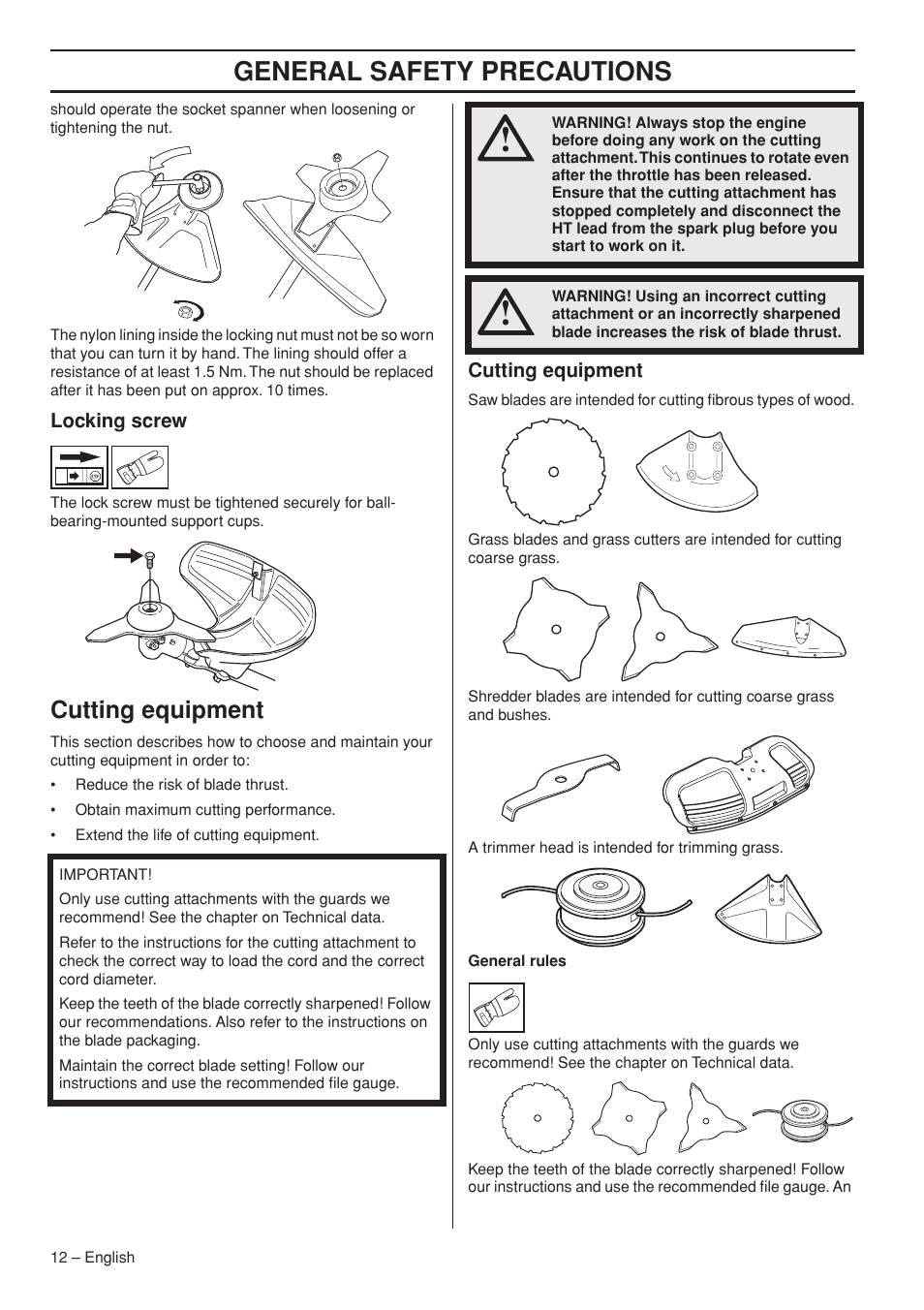 Locking screw, Cutting equipment, General safety precautions | Husqvarna 343R  EN User Manual | Page 12 / 52