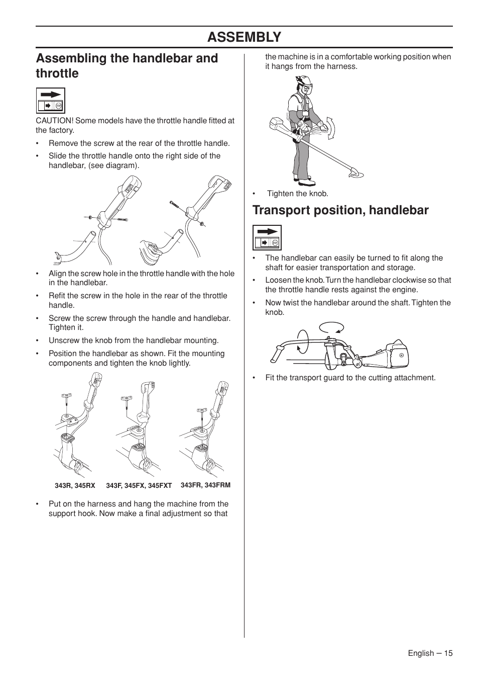 Assembling the handlebar and throttle, Transport position, handlebar, Assembly | Husqvarna 343R  EN User Manual | Page 15 / 52