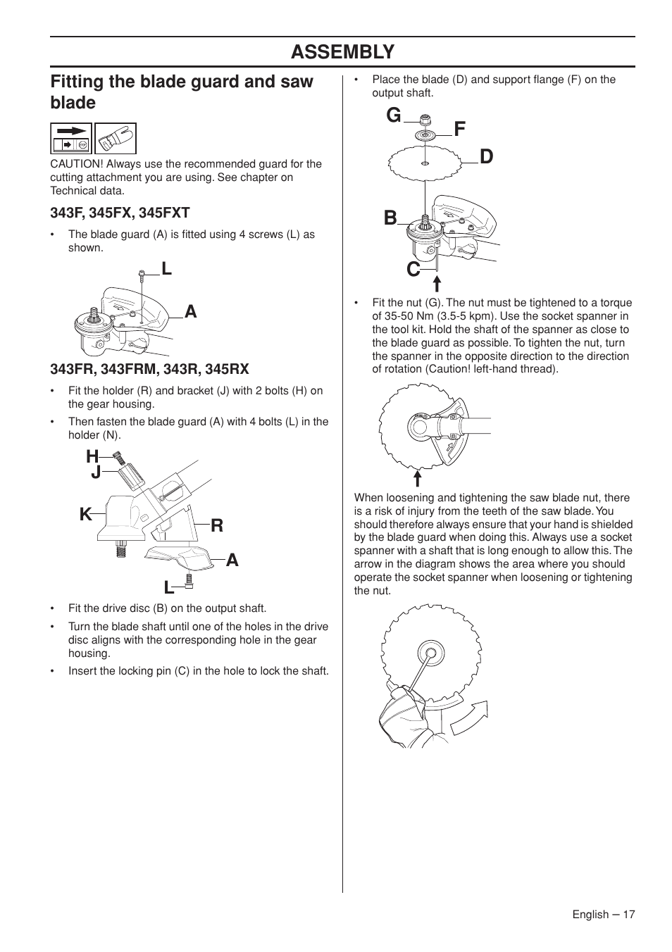 Fitting the blade guard and saw blade, 343f, 345fx, 345fxt, 343fr, 343frm, 343r, 345rx | Fg d b c, Assembly | Husqvarna 343R  EN User Manual | Page 17 / 52