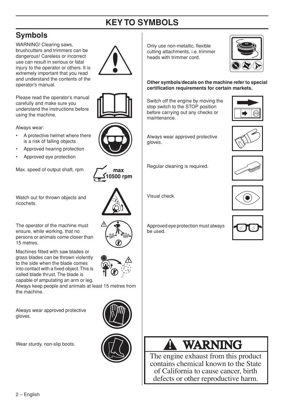 Symbols, Key t o symbols | Husqvarna 343R  EN User Manual | Page 2 / 52