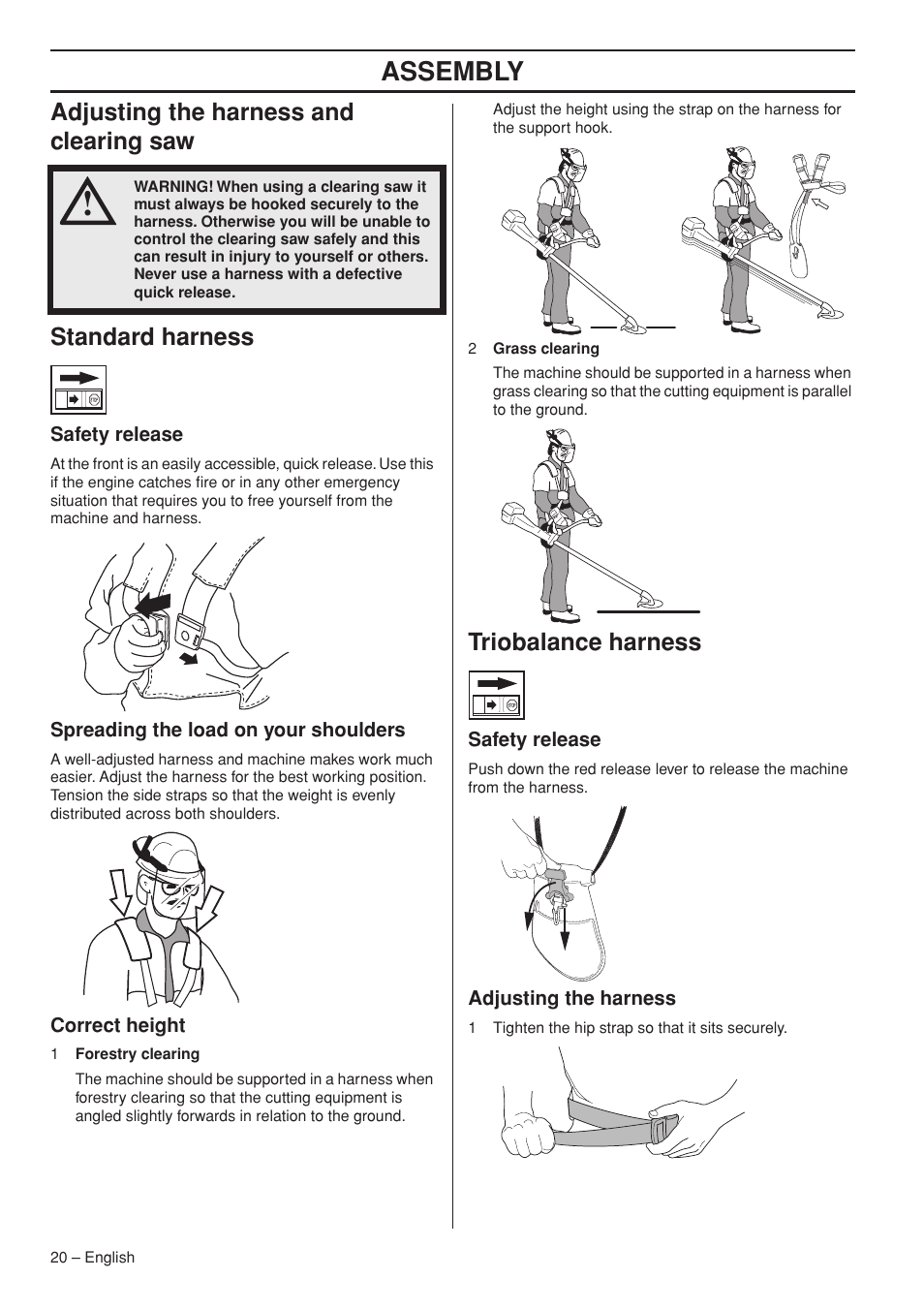 Adjusting the harness and clearing saw, Standard harness, Safety release | Spreading the load on your shoulders, Correct height, Triobalance harness, Adjusting the harness, Assembly | Husqvarna 343R  EN User Manual | Page 20 / 52