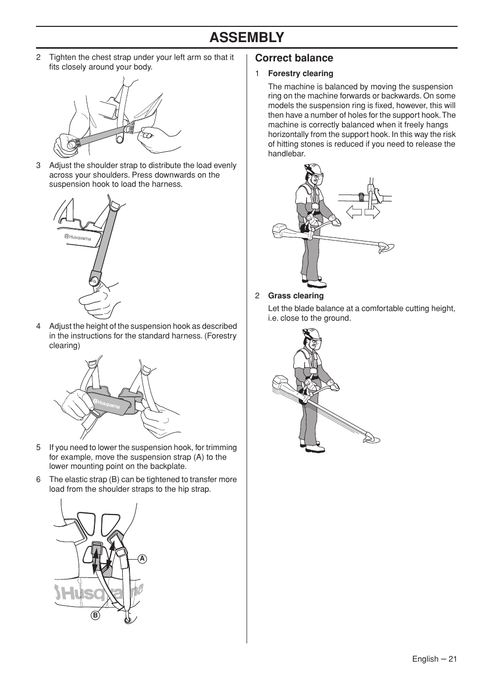 Correct balance, Assembly | Husqvarna 343R  EN User Manual | Page 21 / 52