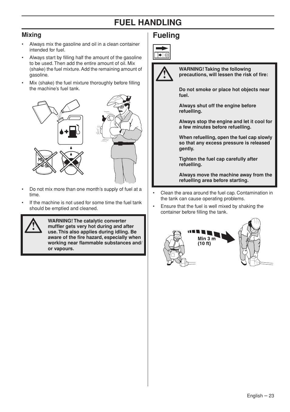 Mixing, Fueling, Fuel handling | Husqvarna 343R  EN User Manual | Page 23 / 52