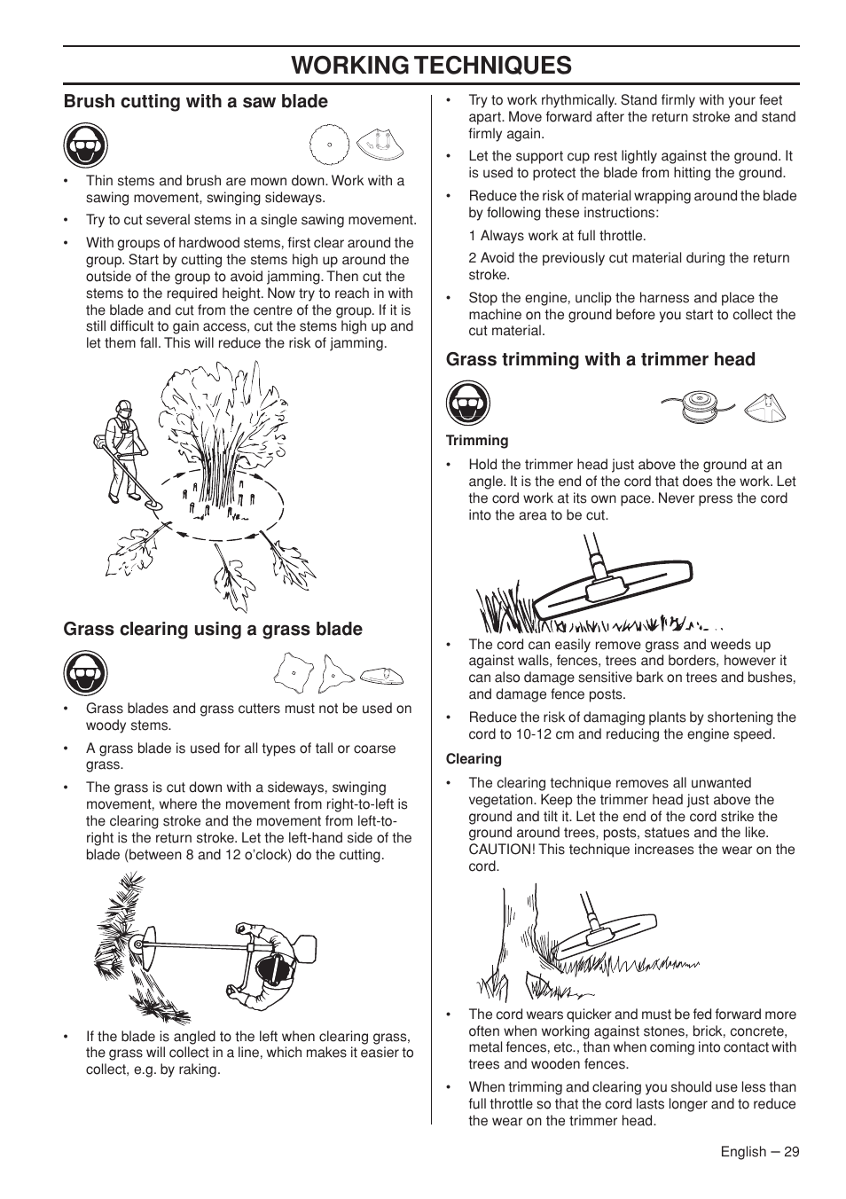 Brush cutting with a saw blade, Grass clearing using a grass blade, Grass trimming with a trimmer head | Working techniques | Husqvarna 343R  EN User Manual | Page 29 / 52