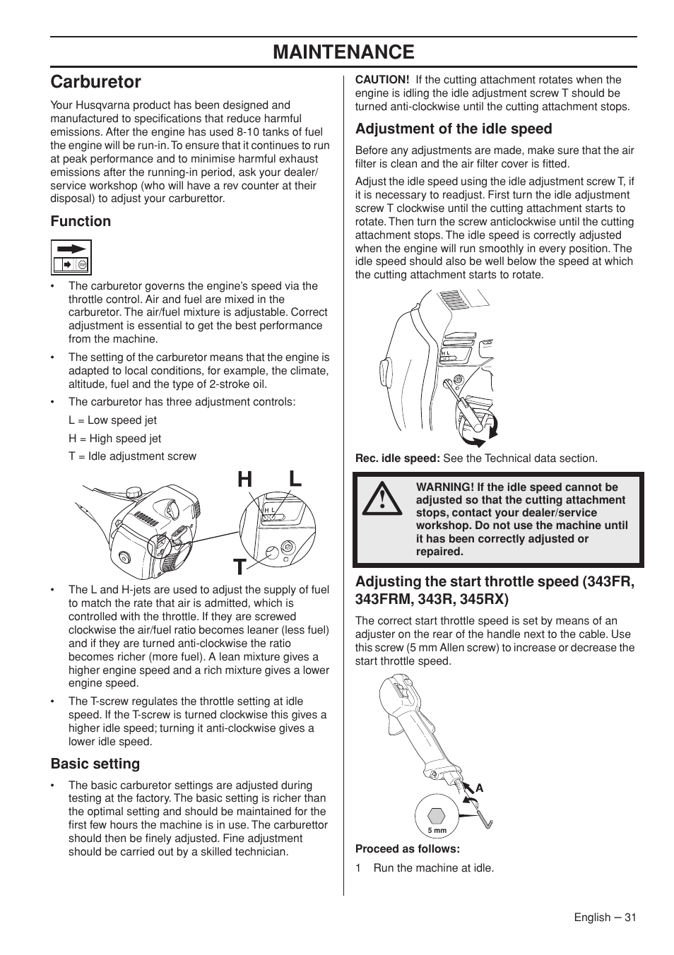 Carburetor, Function, Basic setting | Adjustment of the idle speed, Maintenance | Husqvarna 343R  EN User Manual | Page 31 / 52