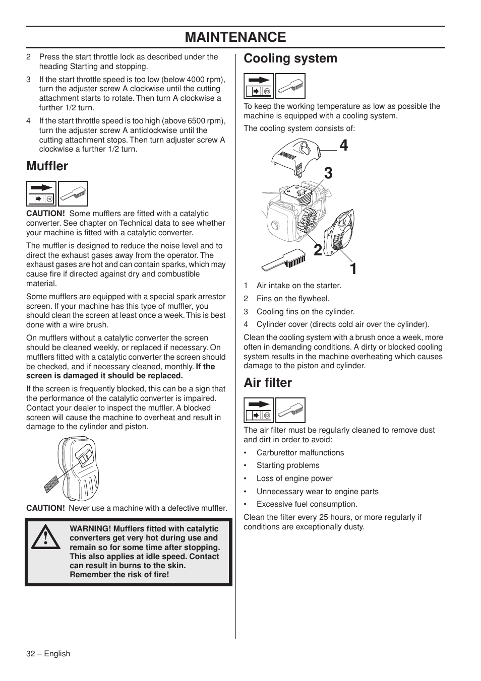 Muffler, Cooling system, Air filter | Maintenance | Husqvarna 343R  EN User Manual | Page 32 / 52