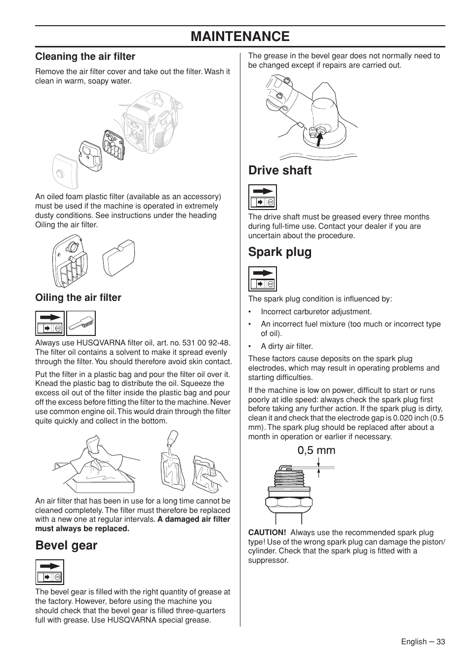 Cleaning the air filter, Oiling the air filter, Bevel gear | Drive shaft, Spark plug, Maintenance | Husqvarna 343R  EN User Manual | Page 33 / 52