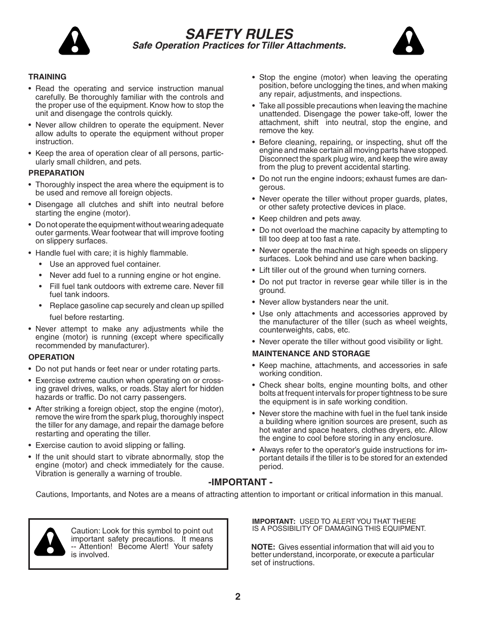 Safety rules, Safe operation practices for tiller attachments | Husqvarna TS200FR User Manual | Page 2 / 18