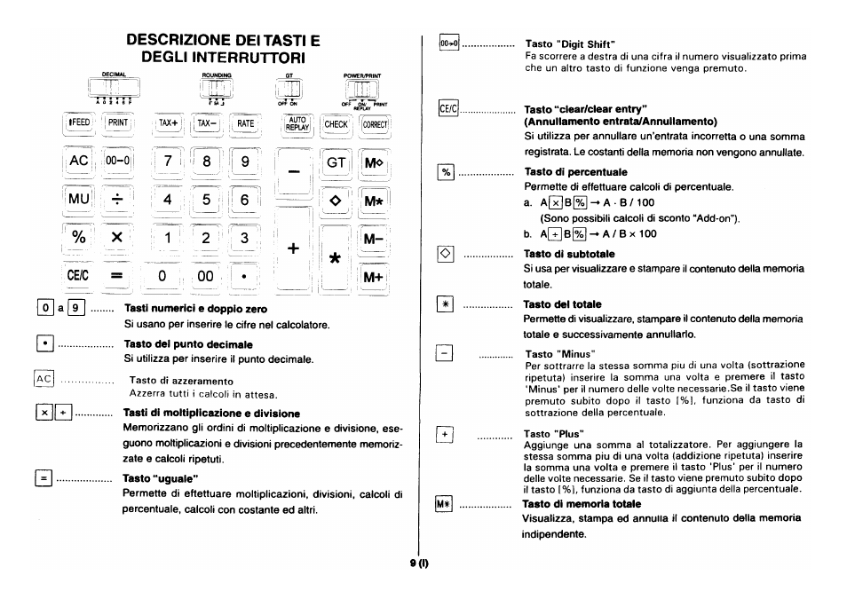 Descrizione dei tasti e degli interruttori, Mu ce/c, M- m | CITIZEN CX-88 User Manual | Page 10 / 33