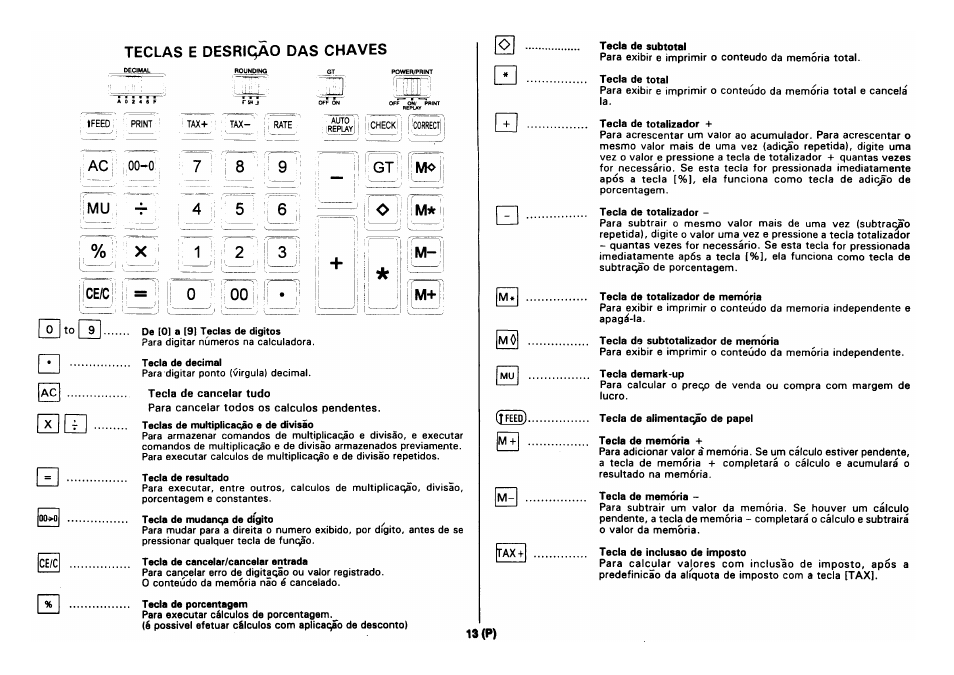 Teclas e desriqao das chaves, Ас 00«0, Се/с | Gt мо | CITIZEN CX-88 User Manual | Page 14 / 33