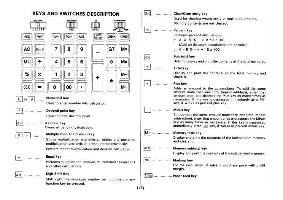 Ce/c, 1(e), Keys and switches description | Mu gt mo, M- m | CITIZEN CX-88 User Manual | Page 2 / 33