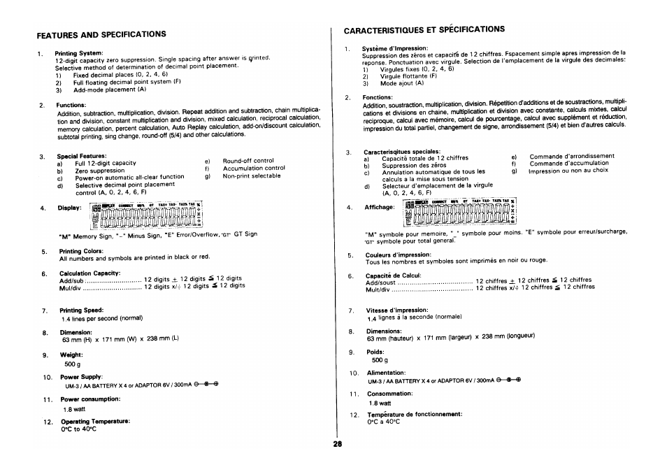 Features and specifications, Printing system, Functions | Special features, Caracteristiques et specifications, Système d'impression, Fonctions, Caracterisqitues spaciales, Couleurs d'impression, Capacité de calcul | CITIZEN CX-88 User Manual | Page 29 / 33