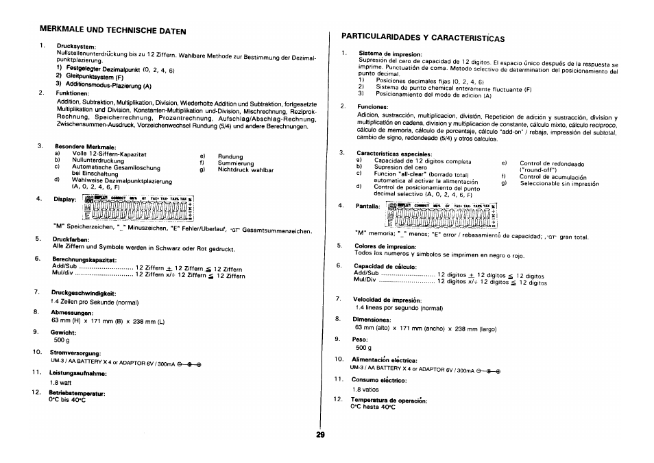 Drucksystem, Funktionen, Berechnungskapazitat | Druckgeschwindigkeit, Gewicht, Leistungsaufnahme, Betriebstemperatur, Sistema de impresión, Funciones, Características especiales | CITIZEN CX-88 User Manual | Page 30 / 33
