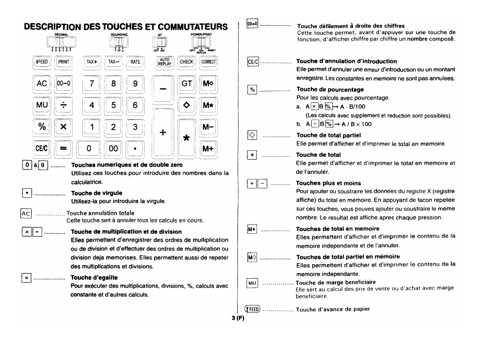 Mui 1, Ice/c i ii, Touches numériques et de double zero | Touche d’annulation d’introduction, Touches plus et moins, Touches de total en mémoire, Description des touches et commutateurs, Il — o i i m | CITIZEN CX-88 User Manual | Page 4 / 33