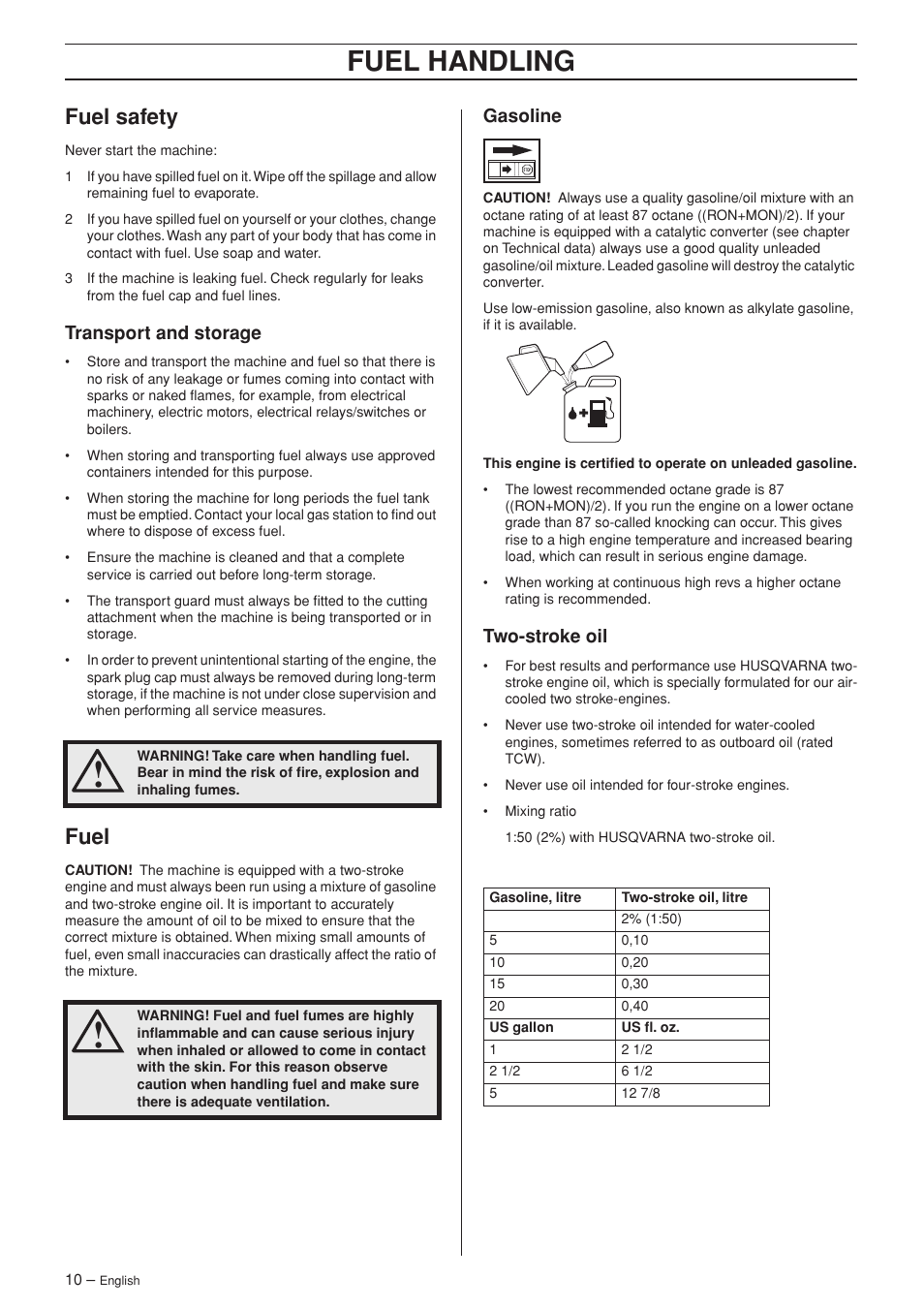 Fuel safety, Transport and storage, Fuel | Gasoline, Two-stroke oil, Fuel handling | Husqvarna 26HS75 User Manual | Page 10 / 24