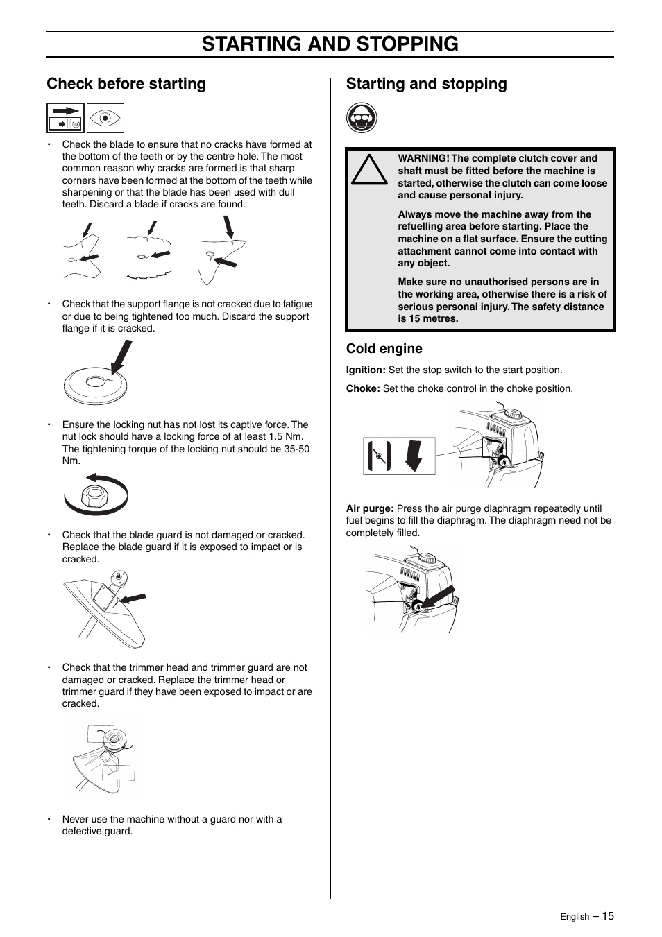 Check before starting, Starting and stopping, Cold engine | Husqvarna 326L User Manual | Page 15 / 36