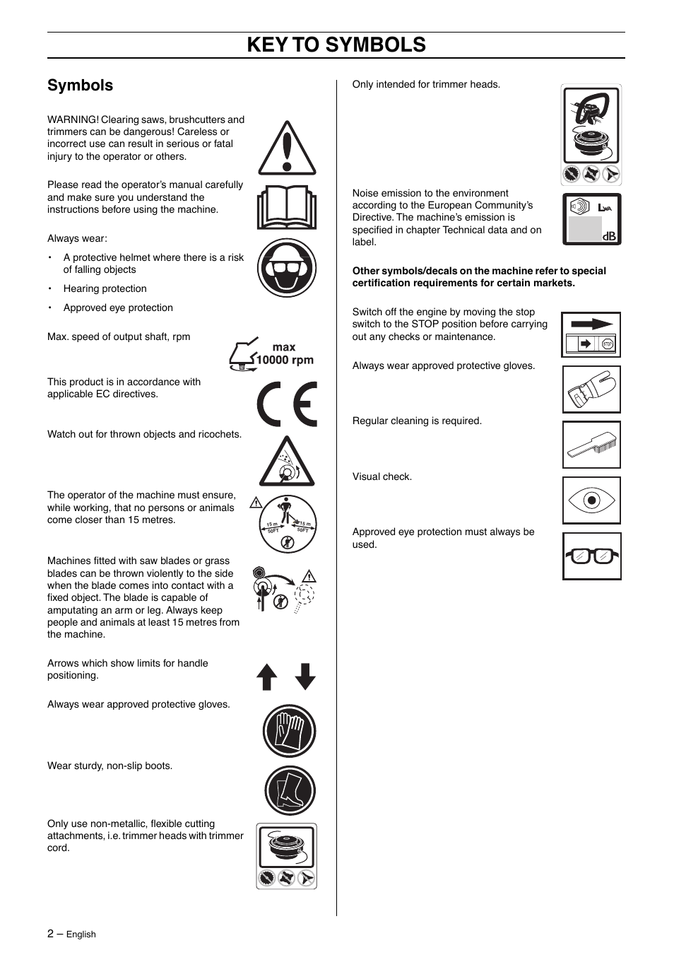 Symbols, Key to symbols | Husqvarna 326L User Manual | Page 2 / 36