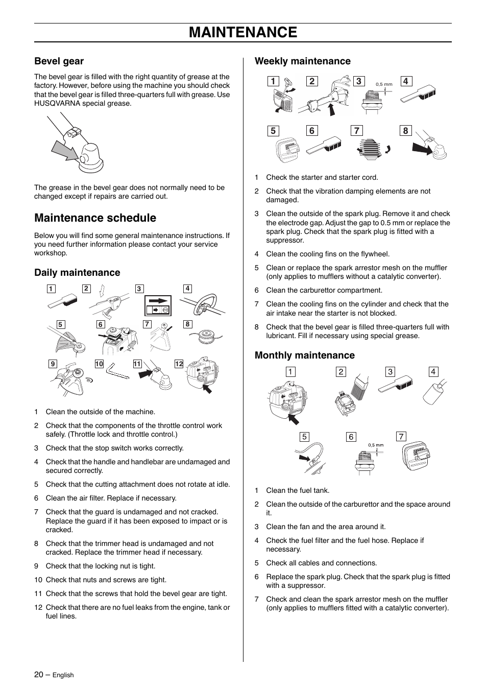 Bevel gear, Maintenance schedule, Daily maintenance | Weekly maintenance, Monthly maintenance, Maintenance | Husqvarna 326L User Manual | Page 20 / 36