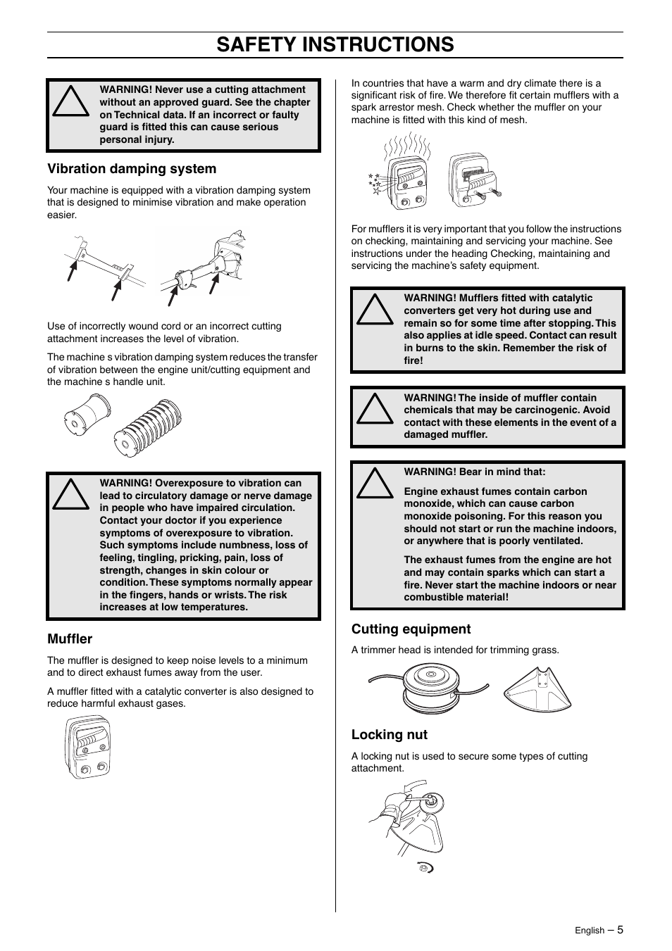 Vibration damping system, Muffler, Cutting equipment | Locking nut, Safety instructions | Husqvarna 326L User Manual | Page 5 / 36