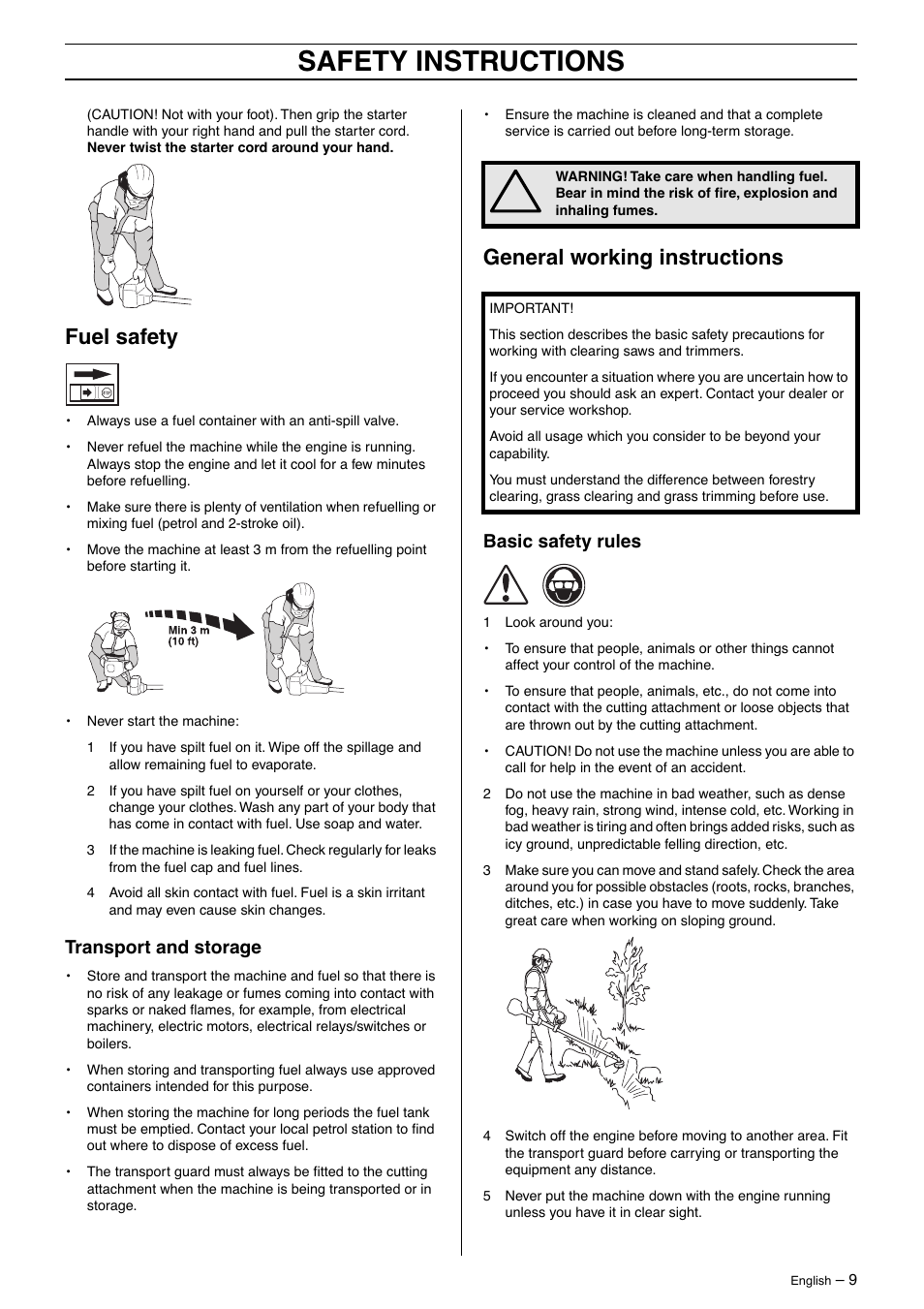Fuel safety, Transport and storage, General working instructions | Basic safety rules, Safety instructions | Husqvarna 326L User Manual | Page 9 / 36