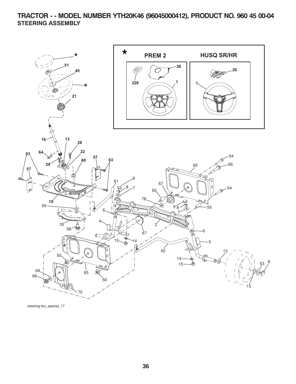 Steering assembly, Husq sr/hr prem 2 | Husqvarna 96045000412 User Manual | Page 36 / 45