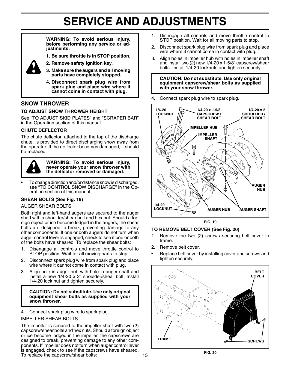 Service/ adjustments, Service and adjustments, Snow thrower | Husqvarna 524S User Manual | Page 15 / 32