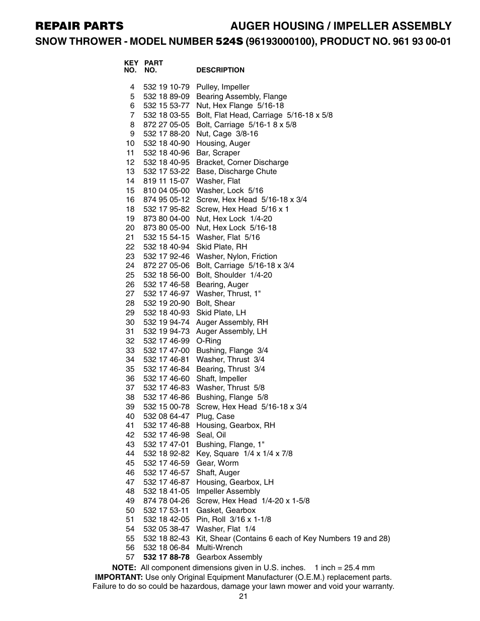 Parts list, Repair parts auger housing / impeller assembly | Husqvarna 524S User Manual | Page 21 / 32