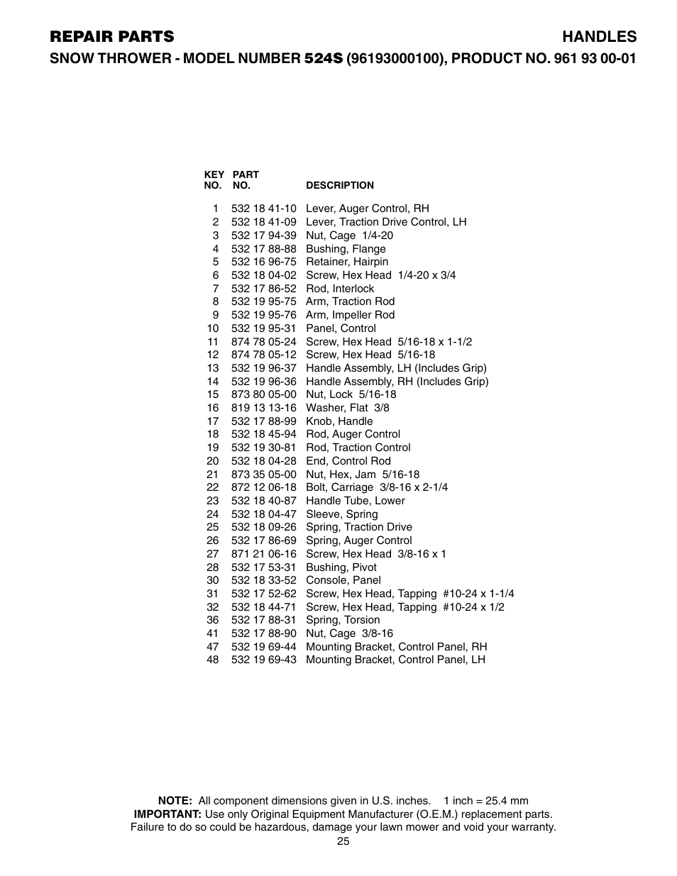 Parts list, Repair parts handles | Husqvarna 524S User Manual | Page 25 / 32