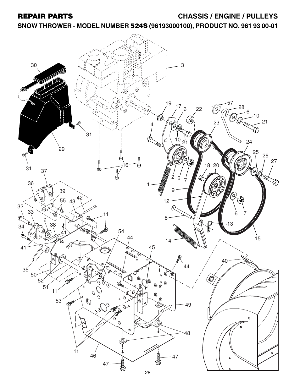 Chassis/ engine/ pulleys, Repair parts chassis / engine / pulleys | Husqvarna 524S User Manual | Page 28 / 32