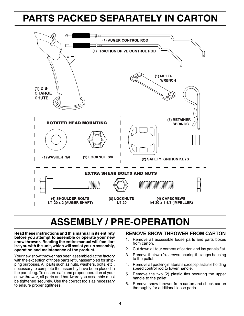 Unassembled parts, Assembly, Parts packed separately in carton | Assembly / pre-operation | Husqvarna 524S User Manual | Page 4 / 32