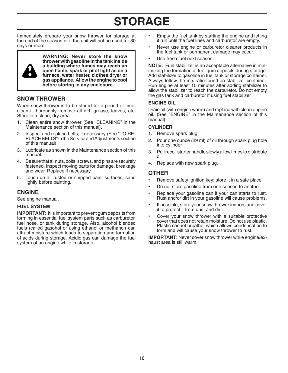 Storage | Husqvarna 1827SB User Manual | Page 18 / 20