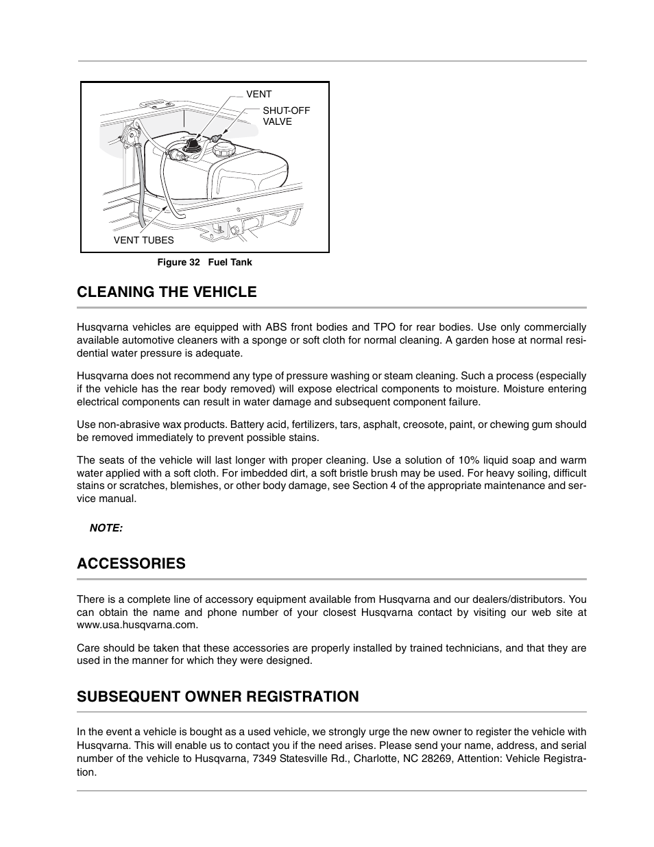 Cleaning the vehicle, Accessories, Subsequent owner registration | Husqvarna 4210-EXP User Manual | Page 47 / 56