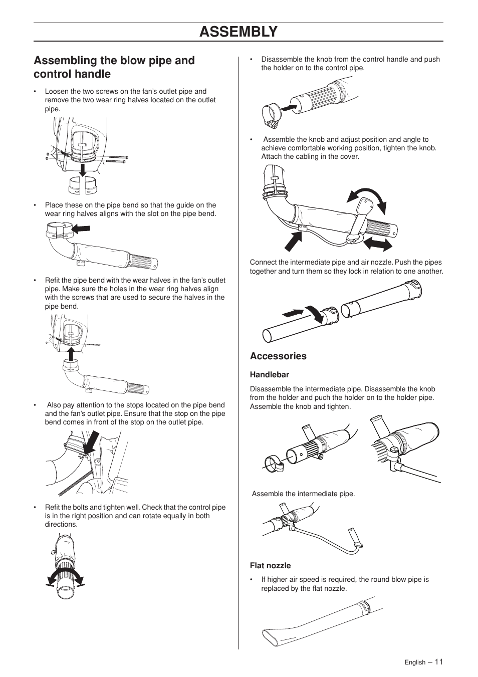 Assembling the blow pipe and control handle, Accessories, Assembly | Husqvarna 356BT User Manual | Page 11 / 24