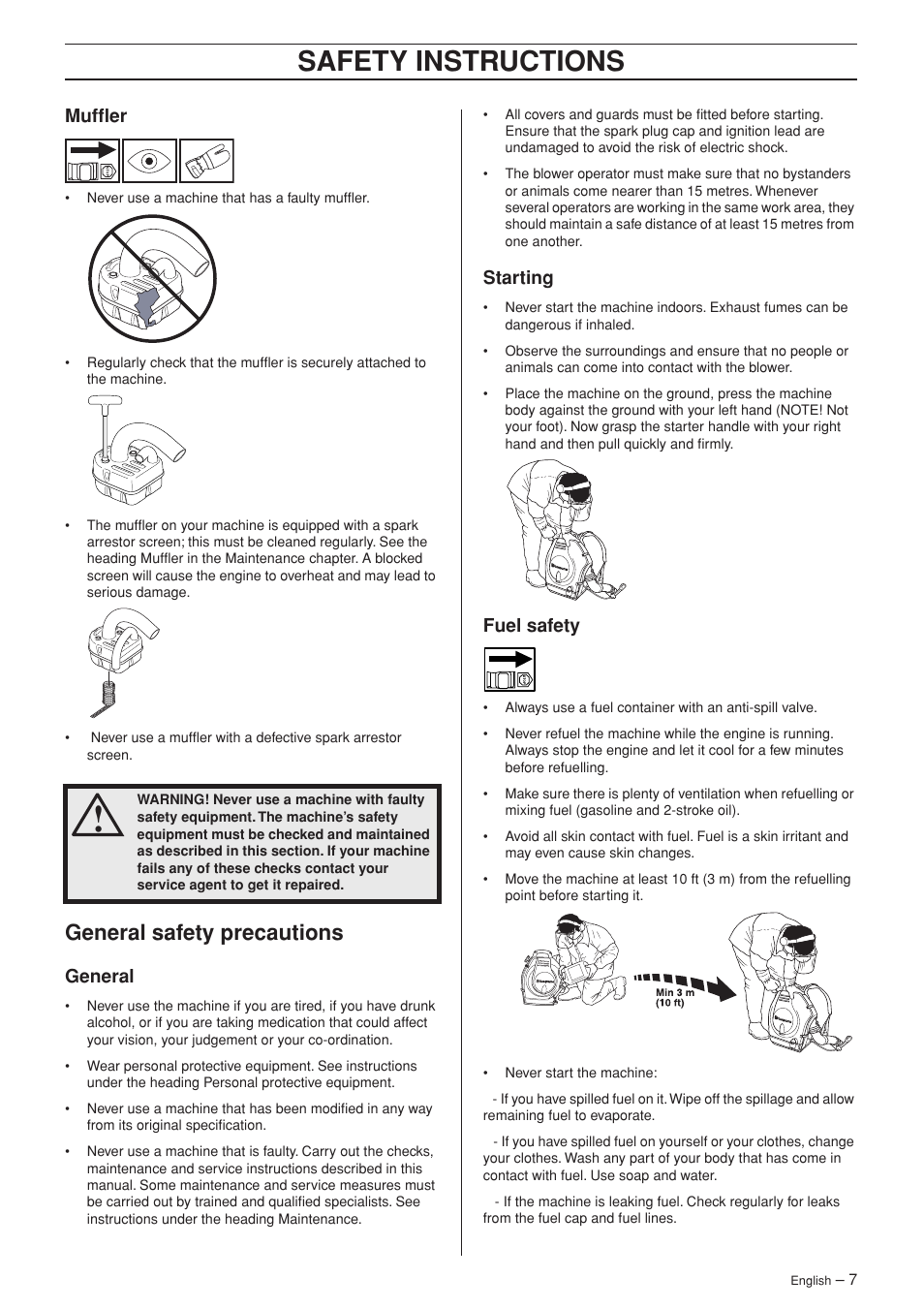 Muffler, General safety precautions, General | Starting, Fuel safety, Safety instr uctions | Husqvarna 356BT User Manual | Page 7 / 24