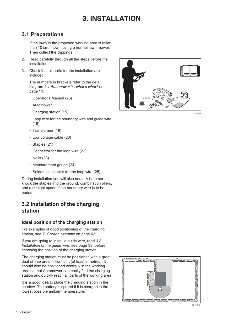 Installation, 1 preparations, 2 installation of the charging station | Husqvarna 220 AC User Manual | Page 17 / 82