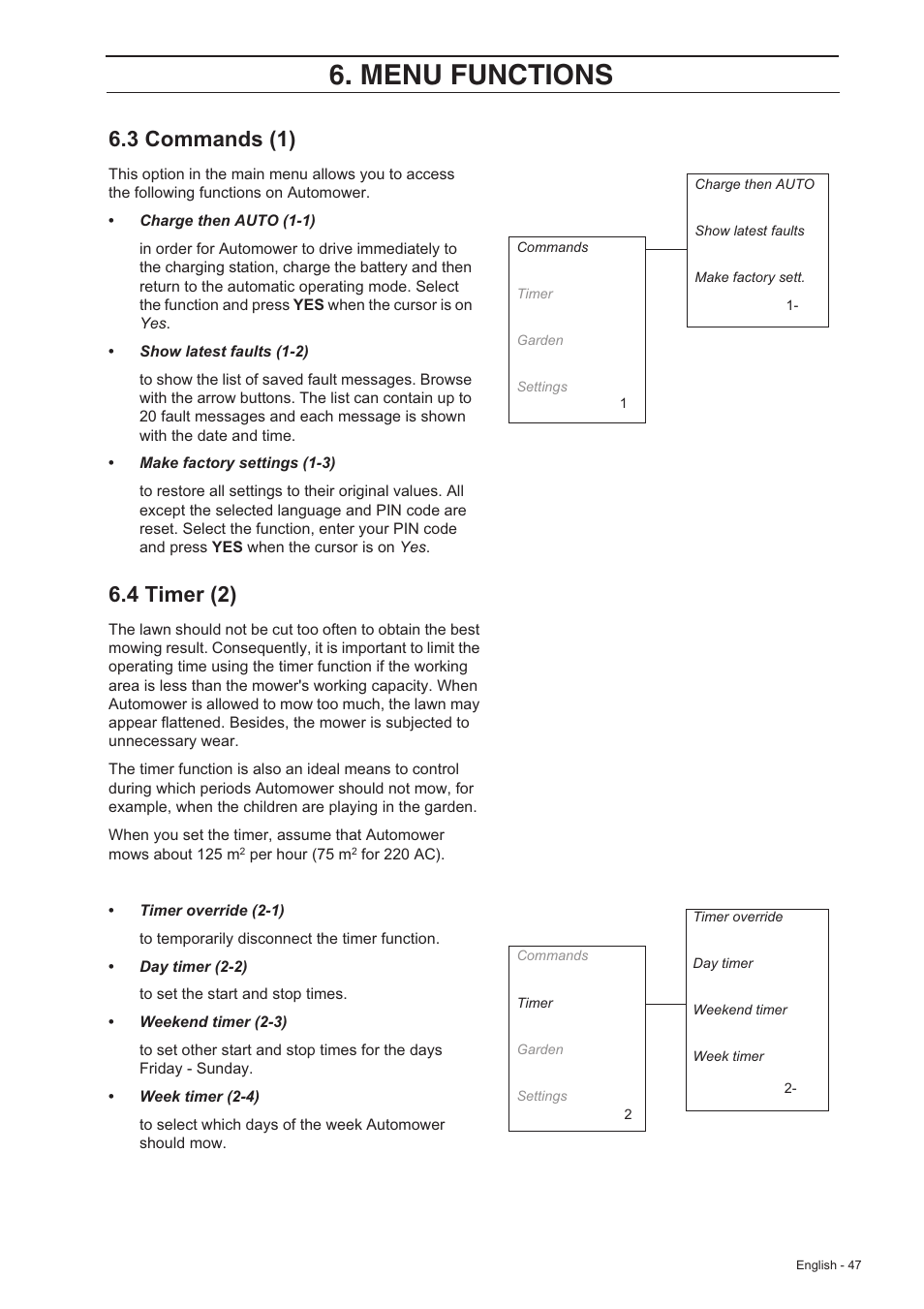 Menu functions, 3 commands (1), 4 timer (2) | Husqvarna 220 AC User Manual | Page 46 / 82