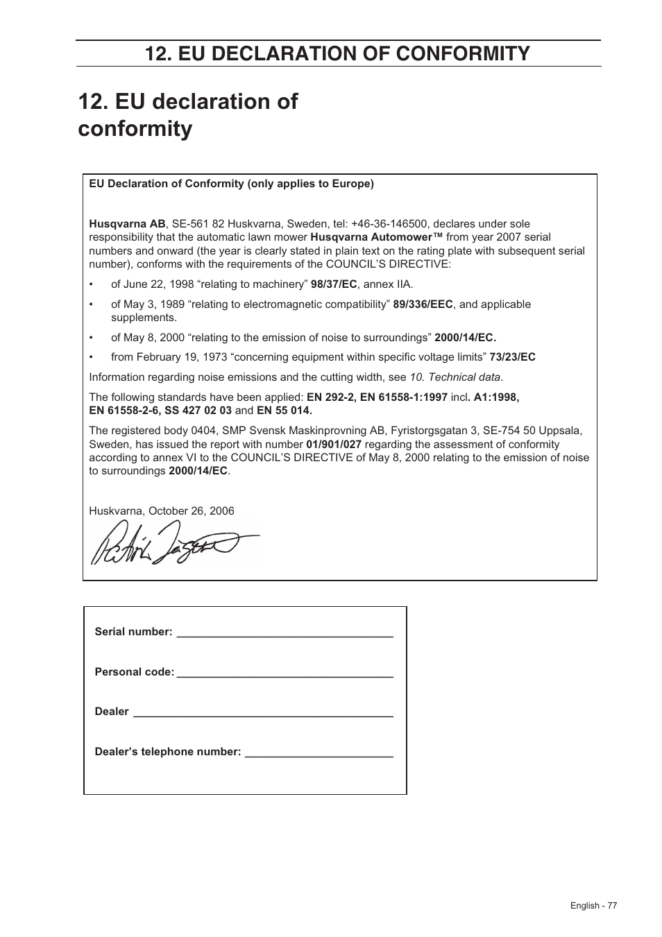 Eu declaration of conformity | Husqvarna 220 AC User Manual | Page 76 / 82