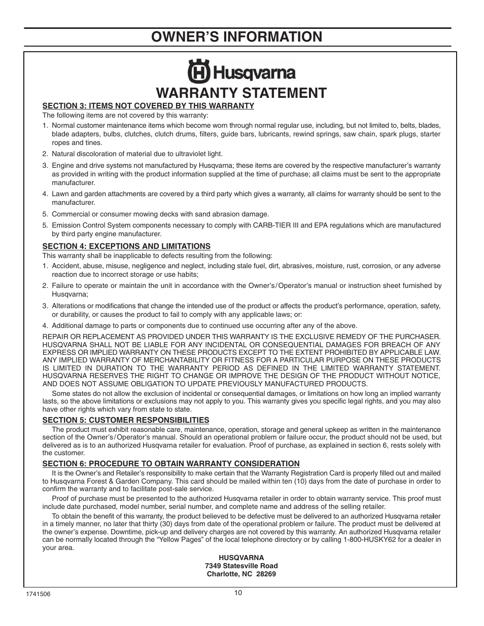 Owner’s information, Warranty statement | Husqvarna 5021 R User Manual | Page 10 / 42