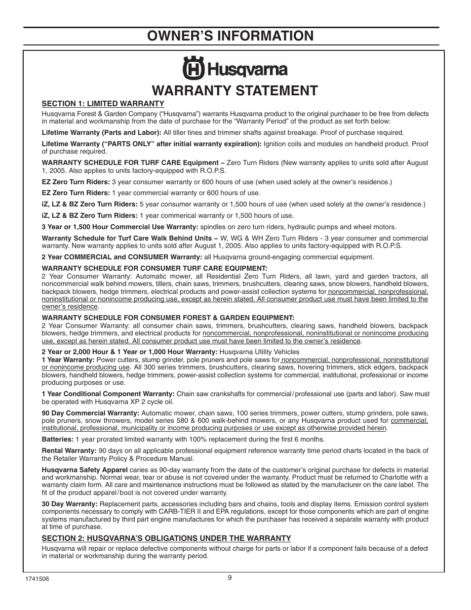 Owner's information, Warranty statement, Owner’s information | Husqvarna 5021 R User Manual | Page 9 / 42