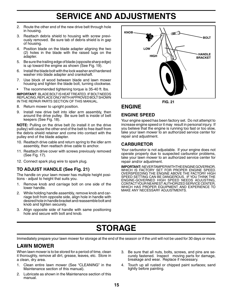 Storage, Service and adjustments, Lawn mower | Engine | Husqvarna 917.37594 User Manual | Page 15 / 24
