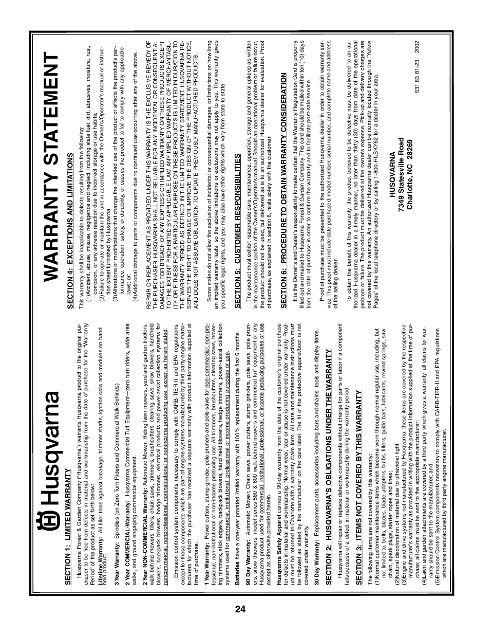 Wa r ranty st a tement | Husqvarna 917.37594 User Manual | Page 24 / 24