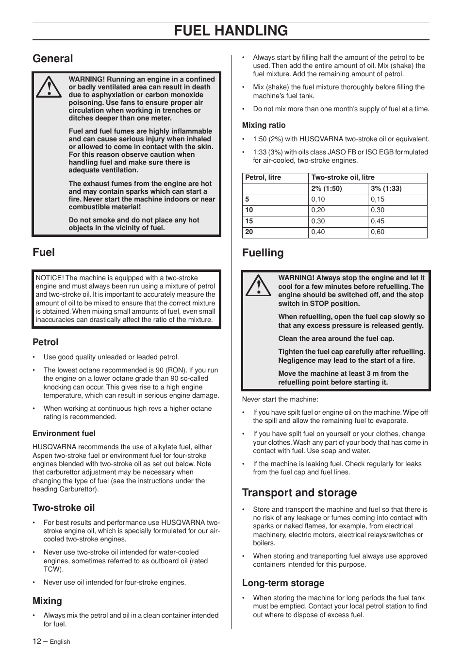 General, Fuel, Petrol | Two-stroke oil, Mixing, Fuelling, Transport and storage, Long-term storage, Fuel handling, General fuel | Husqvarna K 970 RESCUE User Manual | Page 12 / 28