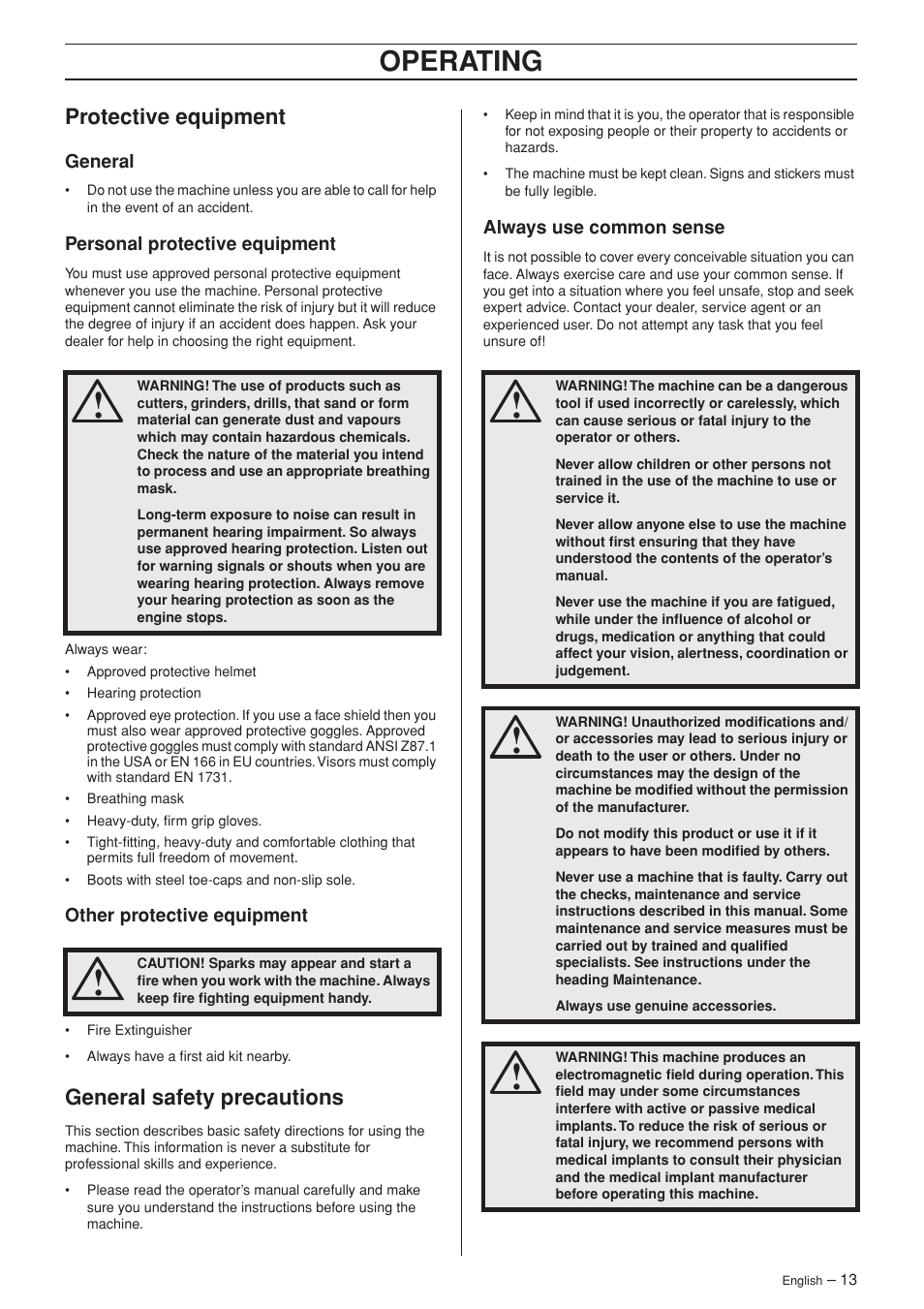 Protective equipment, General, Personal protective equipment | Other protective equipment, General safety precautions, Always use common sense, Operating | Husqvarna K 970 RESCUE User Manual | Page 13 / 28