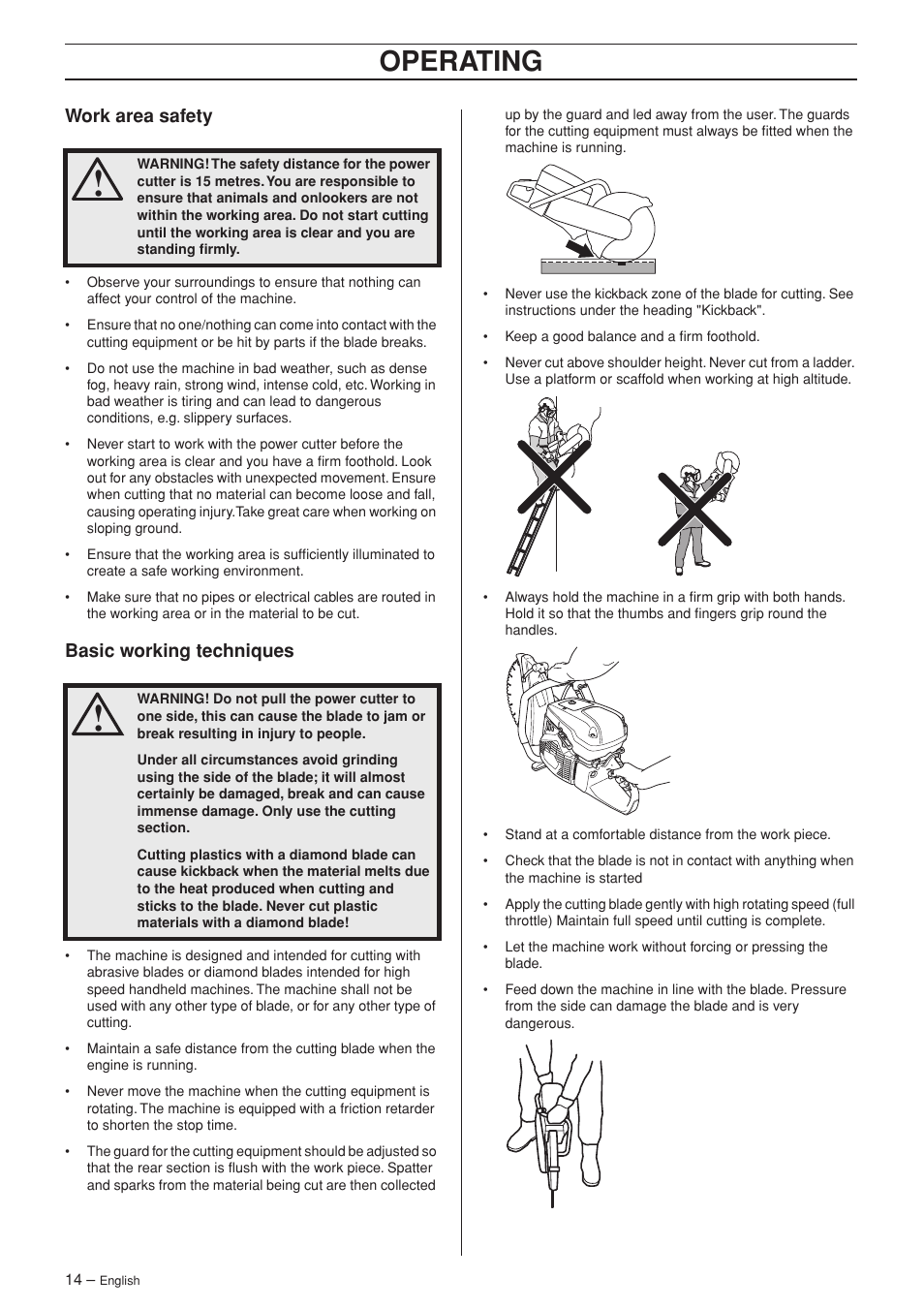 Work area safety, Basic working techniques, Operating | Husqvarna K 970 RESCUE User Manual | Page 14 / 28