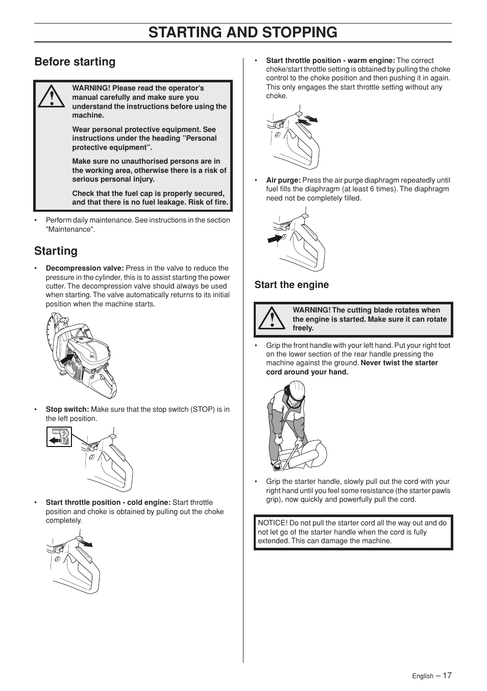 Before starting, Starting, Start the engine | Starting and stopping | Husqvarna K 970 RESCUE User Manual | Page 17 / 28