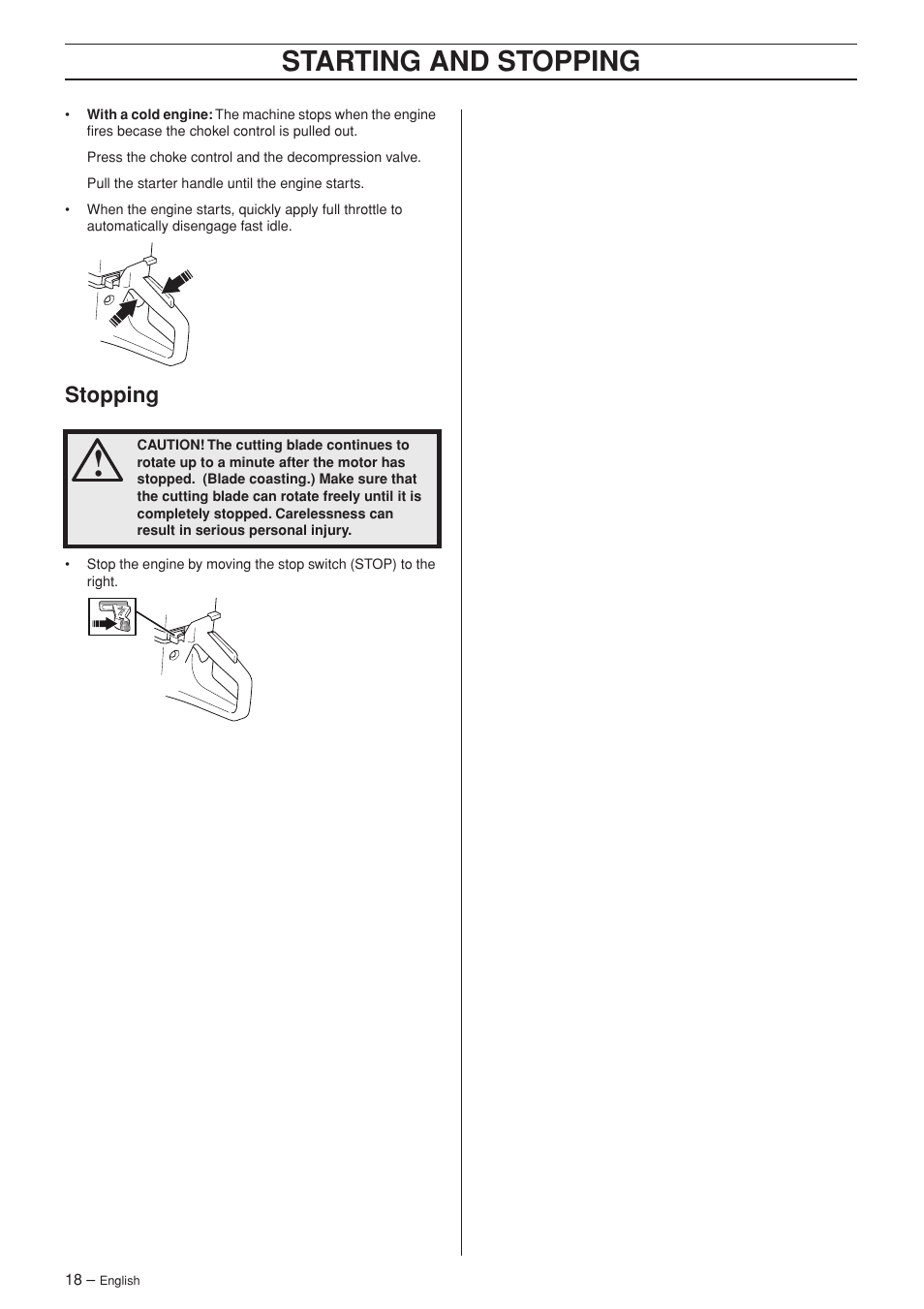 Stopping, Starting and stopping | Husqvarna K 970 RESCUE User Manual | Page 18 / 28