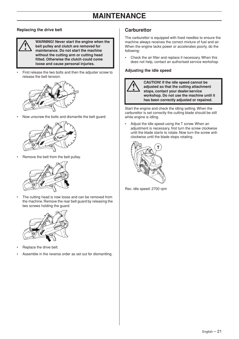 Carburettor, Maintenance | Husqvarna K 970 RESCUE User Manual | Page 21 / 28